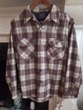 VTG Pendleton Plaid Wool Board Shirt Flap Pocket Loop Collar Red Gray - Medium M